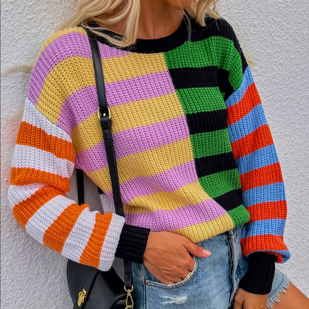 Spliced Mixed Stripes Scoop Neck Sweater